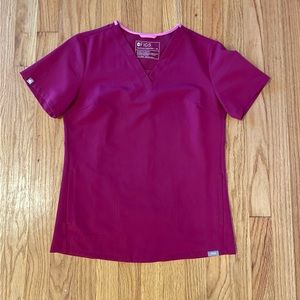 Figs Dark Magenta XS scrub top, Small Petite scrub pants